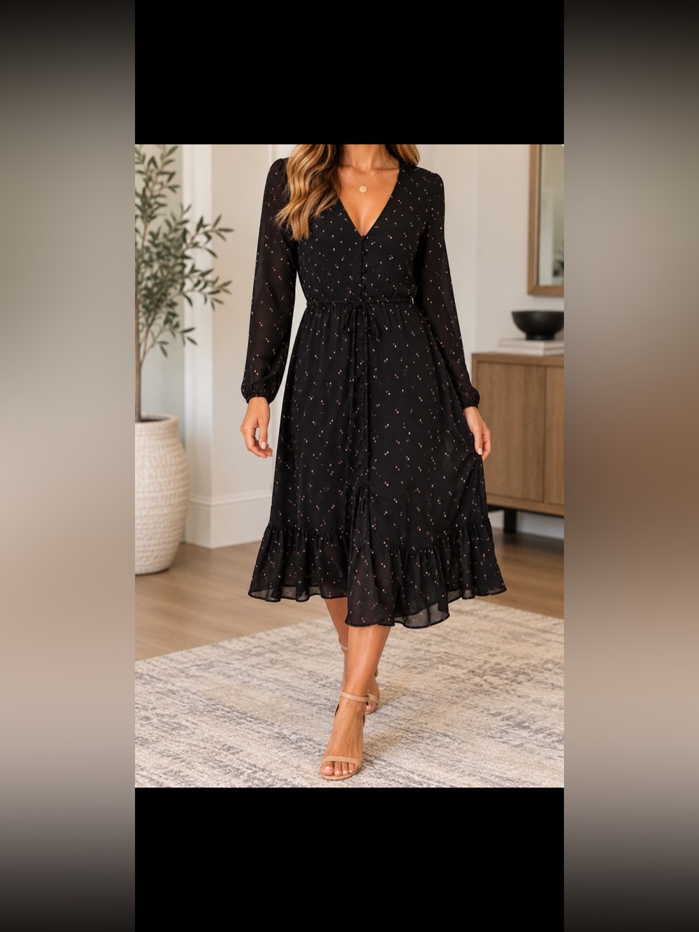 Rails Black Long-Sleeve V-Neck Dress with Pink Dot Print
